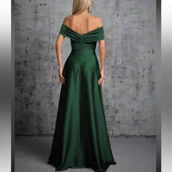 Luxe khaki off shoulder party formal evening satin gown dress - Picture 14 of 16
